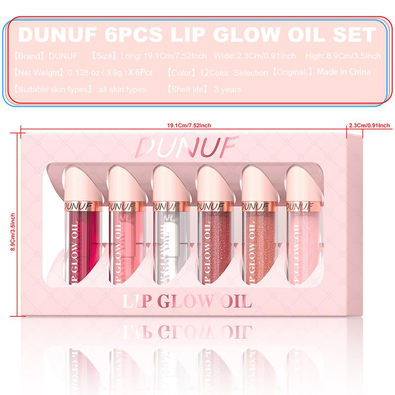 DUNUF MAKEUP 6Pc Glow Reviver Lip Oil Set Long Lasting Hydrating Lip Stain Nourishing Hydrating High-Shine Glimmer Finish Sheer Pink Non-Sticky 12 HR Hydration Candy Coded Lip Oil Gloss Long-Lasting Waterproof Lipgloss Non-Fading Non-Stick Lip Glaze