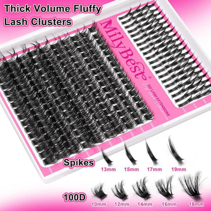 Manga Lash Clusters Kit 100D Eyelash Clusters with DIY Spikes 13-19MM Spiky Volume Cluster Eyelash Extensions Wispy Individual Lash Extensions Kit Anime Lashes Cluster Bond & Seal Tweezer by Milybest