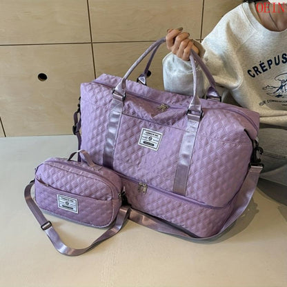 Oein 2Pcs Large Capacity Travel Duffel Bag Set, Lightweight Diamond Pattern Zipper Duffel Bag with Ladies Cosmetic Zipper Shoulder Bag