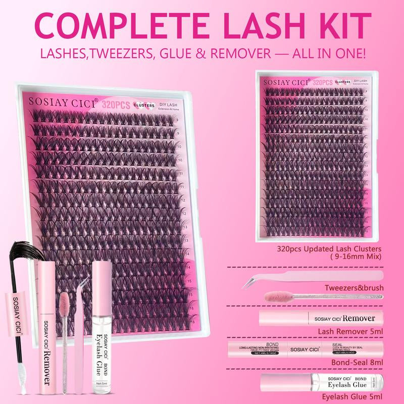SOSIAYCICI Eyelash Lash Clusters Kit 40D Volume Lash Clusters 320Pcs Eyelash Clusters Waterproof DIY Lash Extension Kit with Lash Bond and Seal Lash Remover Applicator HOLIDAYHAUL Tiktok(9-16Mix)