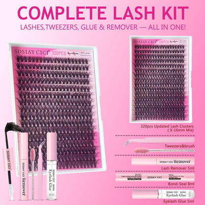 SOSIAYCICI Eyelash Lash Clusters Kit 40D Volume Lash Clusters 320Pcs Eyelash Clusters Waterproof DIY Lash Extension Kit with Lash Bond and Seal Lash Remover Applicator HOLIDAYHAUL Tiktok(9-16Mix)