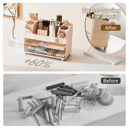 Makeup Organizer for Vanity with 2 Large Drawers,Cosmetic Display Case with Brush Holders, Easy to Storage for Bathroom Countertop Skincare,Desk Office Supplies,Gift, Pink, Jewelry Organizer