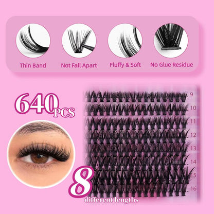 Natural Look Eyelashes 640Pcs DIY Lash Clusters, 30D–50D Volume 9–16Mm Mixed Length C Curl Natural Lashes, Easy to Apply & Beginner Friendly