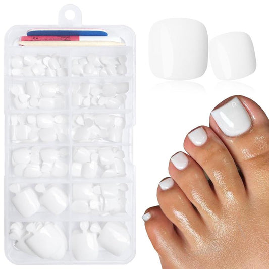168PCS Press on Toenails for Women, White Short Square Fake Toe Nails with Glue Tabs, Acrylic False Toenail Tips, Full Cover Artificial Toe Nails for DIY Pedicure at Home
