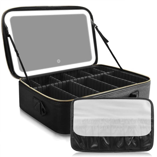 GORISGARMO Travel Makeup Bag with LED Mirror Cosmetic Bag Adjustable Dividers, Makeup Organizer Bag with Lighted Mirror 3 Color Scenarios Adjustable Brightness,Waterproof, Professional Cosmetic Artist Organizer.Perfect Christmas Gift for Friend & Family.