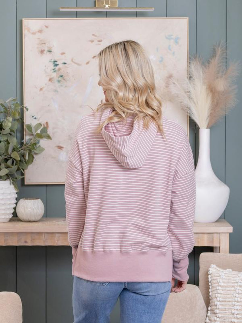 Stripe Side Slits Drop Shoulder Loose Fit Hoodie W/ Thumbhole | S-XL
