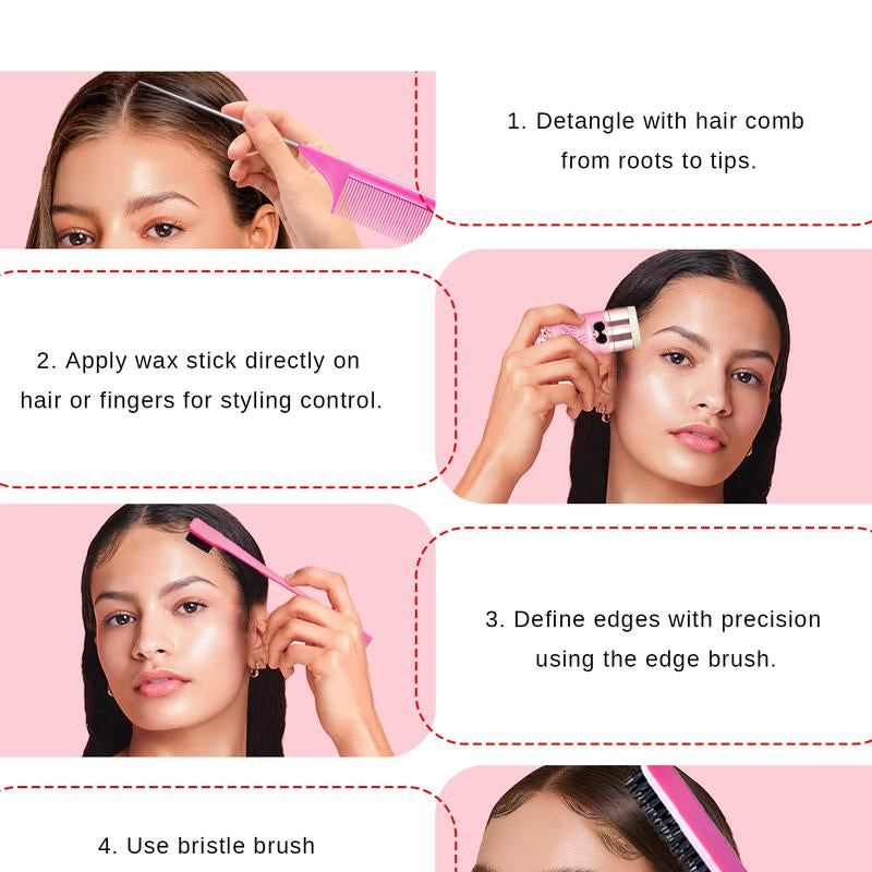 7 Counts Wax Stick Hair Pomade for Women Men Strong Hold Smooth Slick Styling Tackles Flyaways Frizz with Edge Brush Hair Comb Set Gel Haircare Daily