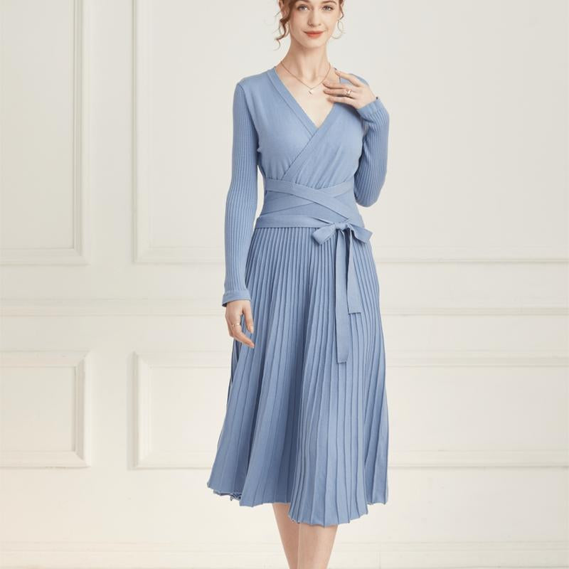 Ranrui Aline Sweater Dress Red Winter Long Sleeve Fit and Flare Knit Dress with V Neck Pleated Design High Waist Bow Tie Belt Casual Womenswear for Formal & Casual Occasions