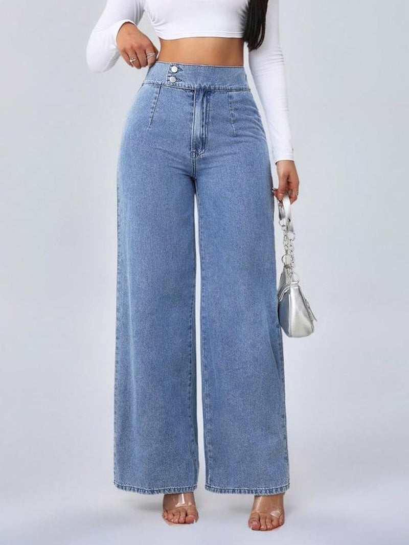 Women'S Vintage Elegant High Waist Wide Leg Jeans, Elastic Waist, Button Front, Casual Fashion, Comfortable Design, All Seasons