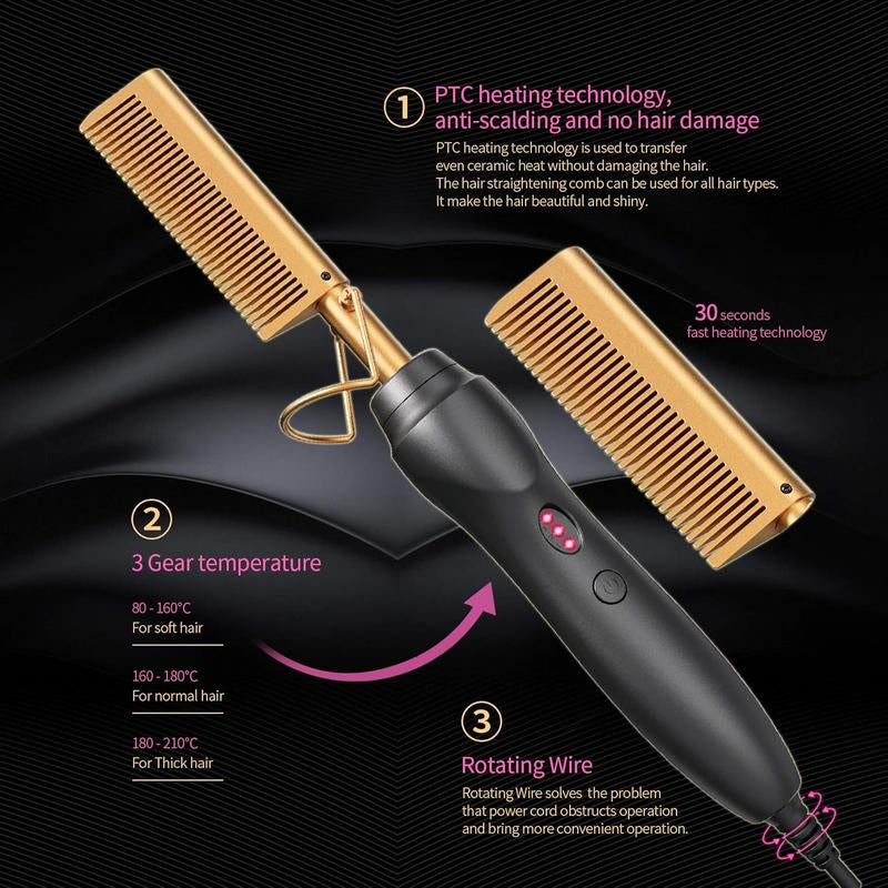 Ceramic Electric Hot Comb Hair Straightener & Pressing Comb for Natural Black Hair Beard & Wigs PTC Heating 3 Gear Temperature 30 Sec Fast Heat Perfect Holiday Gift