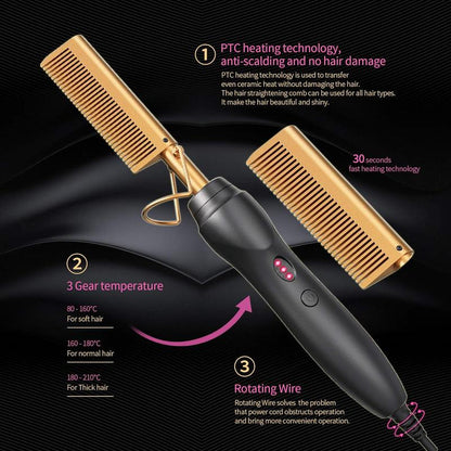Ceramic Electric Hot Comb Hair Straightener & Pressing Comb for Natural Black Hair Beard & Wigs PTC Heating 3 Gear Temperature 30 Sec Fast Heat Perfect Holiday Gift