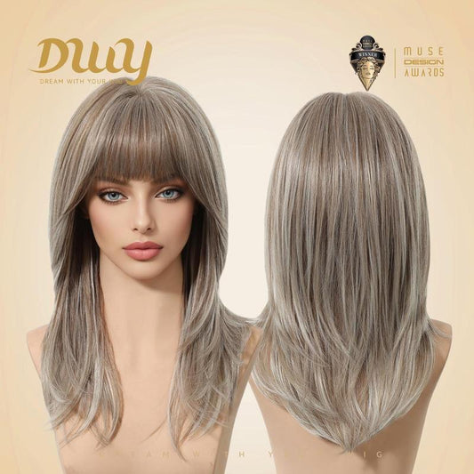 Solana C-DWY New Technology! Bionic Silk Top 20-Inch Long Wave Light Brown Glueless Synthetic Wig with Bangs for Women High-Quality Premium Fiber Easy Wear Comfortable Fit