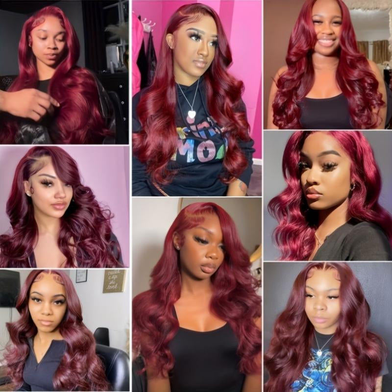 36 Inch 99J Burgundy Wine Red Human Hair Wig with 13X4 HD Transparent Lace Front - 180% Density Body Wave 13X6 Looking Frontal Wig Suitable for Women, Pre Plucked with Baby Hair