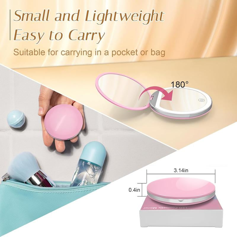 CENPIN Portable Foldable Makeup Mirror, 1 Count Glam Travel Makeup Mirror with LED Light, Compact Cosmetic Mirror for Women, Pocket Size Makeup Tools, Travel Hand Mirror