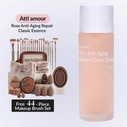 Zy、This Rose Anti-Aging and Repairing Essence Water Has Anti-Wrinkle, Repairing, and Moisturizing Effects. Suitable for Sensitive Skin, It Contains Natural Rose Ingredients, Uses a Water-Free Formula, and Comes with a Free 44-Piece Makeup Brush Set.