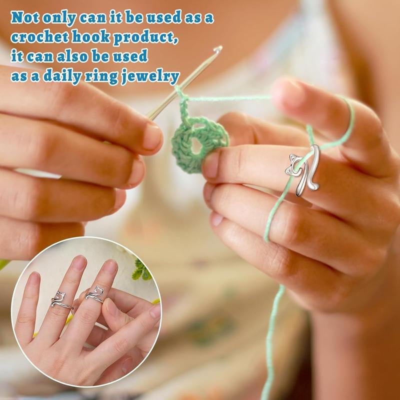 2Pcs Cat Crochet Ring for Finger Yarn Guide Cuff Ring, Adjustable Knitting Thimble Loop Fashion Accessories Silver-Plated Rings for Women Men Daily Wear Decor, Faster Crocheting Trendy All-Match & Exquisite Jewelry Birthday Gift Specialty Crochet Supplies