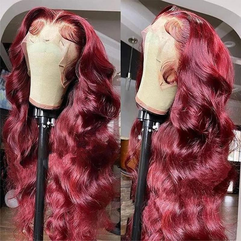 36 Inch 99J Burgundy Wine Red Human Hair Wig with 13X4 HD Transparent Lace Front - 180% Density Body Wave 13X6 Looking Frontal Wig Suitable for Women, Pre Plucked with Baby Hair