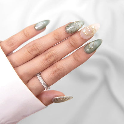 EMERALD GRACE Premium Handmade Press-On Nails Long-Lasting Short Almond Shape Glossy Green, White, Gold Finish Rich Green White Tones Capture Jewel-Toned Elegance Style