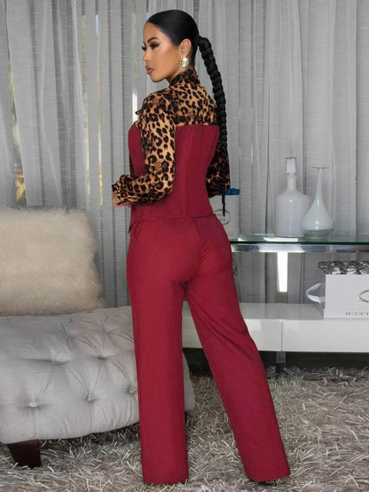 Spring Women'S New Collection: Leopard Print Patchwork Button-Up Sweater, Belted Wide-Leg Pants, Stylish Versatile Tie-Shirt Two-Piece Set, High-End Office Professional Fashion Legging Set