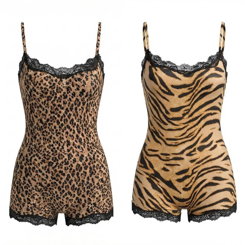 Katchme LUMENNEST Women'S Chic Thin Strap Leopard Print Lace Trim Playsuit, Versatile Seamless Breathable Shapewear
