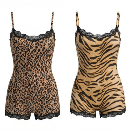 Katchme LUMENNEST Women'S Chic Thin Strap Leopard Print Lace Trim Playsuit, Versatile Seamless Breathable Shapewear