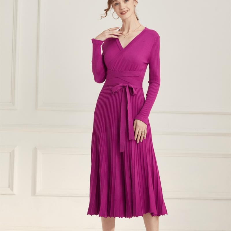 Ranrui Aline Sweater Dress Red Winter Long Sleeve Fit and Flare Knit Dress with V Neck Pleated Design High Waist Bow Tie Belt Casual Womenswear for Formal & Casual Occasions