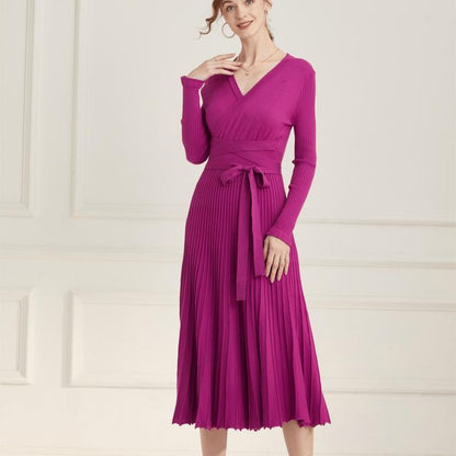 Ranrui Aline Sweater Dress Red Winter Long Sleeve Fit and Flare Knit Dress with V Neck Pleated Design High Waist Bow Tie Belt Casual Womenswear for Formal & Casual Occasions