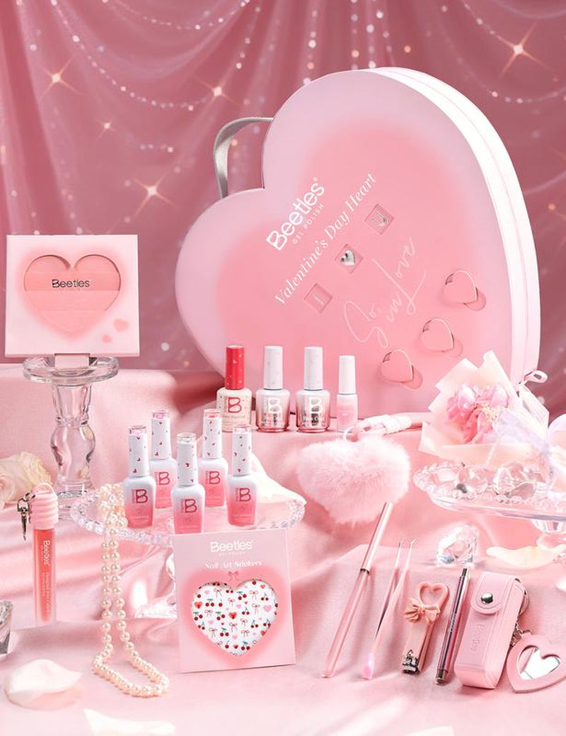 Beetles Gel Polish so in Love Collection - Glow in Love Valentine Gel Nail Polish Set, Pink Gel Nail Art Set with Base Top Coat Mini Rose Bouquet, Salon DIY at Home Valentine'S Day Gift for Women Wife Girlfriend
