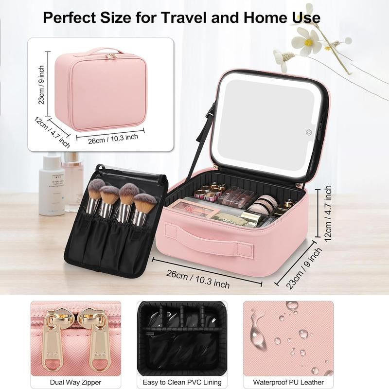 Smart LED Makeup Bag with Mirror & Lights — Waterproof Train Case with Adjustable Dividers, Portable Cosmetic Organizer for Brushes & Travel, Detachable Compartments