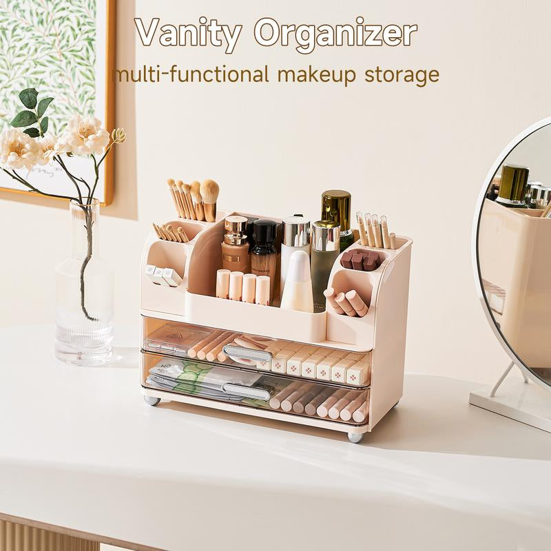 Makeup Organizer for Vanity with 2 Large Drawers,Cosmetic Display Case with Brush Holders, Easy to Storage for Bathroom Countertop Skincare,Desk Office Supplies,Gift, Pink, Jewelry Organizer