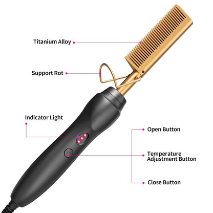 Ceramic Electric Hot Comb Hair Straightener & Pressing Comb for Natural Black Hair Beard & Wigs PTC Heating 3 Gear Temperature 30 Sec Fast Heat Perfect Holiday Gift