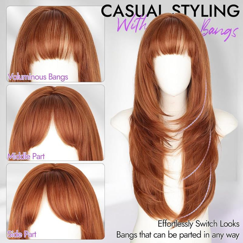 Long Wig with Bangs for Women, Layered Hairstyle Synthetic Heat Resistant for Daily Party Use 26 Inch