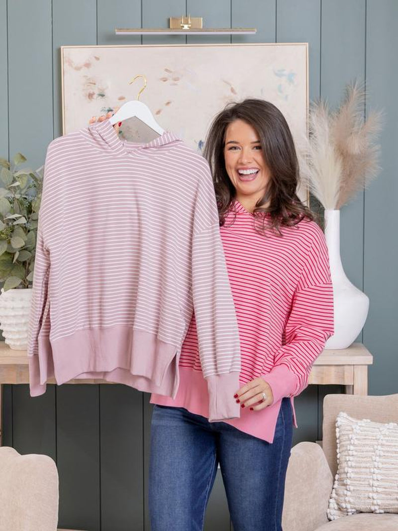 Stripe Side Slits Drop Shoulder Loose Fit Hoodie W/ Thumbhole | S-XL