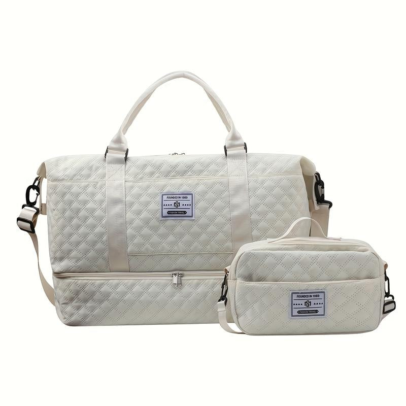 Oein 2Pcs Large Capacity Travel Duffel Bag Set, Lightweight Diamond Pattern Zipper Duffel Bag with Ladies Cosmetic Zipper Shoulder Bag