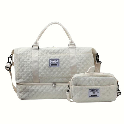 Oein 2Pcs Large Capacity Travel Duffel Bag Set, Lightweight Diamond Pattern Zipper Duffel Bag with Ladies Cosmetic Zipper Shoulder Bag