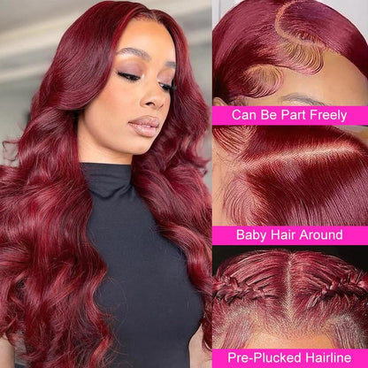 36 Inch 99J Burgundy Wine Red Human Hair Wig with 13X4 HD Transparent Lace Front - 180% Density Body Wave 13X6 Looking Frontal Wig Suitable for Women, Pre Plucked with Baby Hair