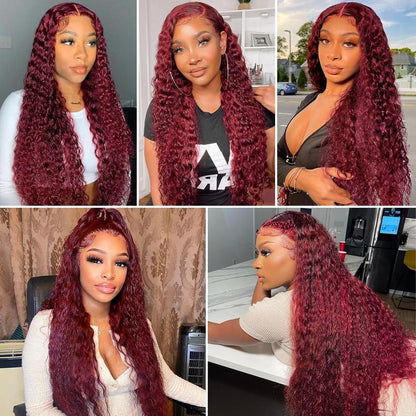 Burgundy Deep Wave Lace Front Wigs Human Hair 180% Density 99J Burgundy Frontal Wigs Human Hair 13X6 Red Human Hair Lace Front Wig for Fashion Black Women