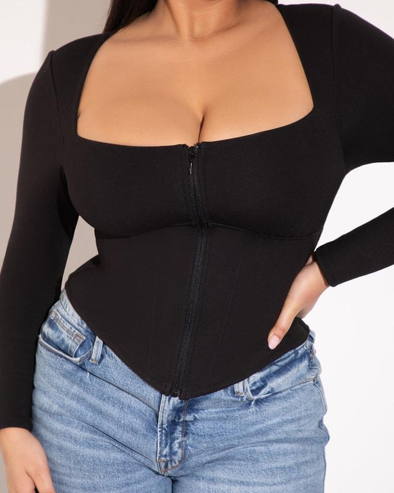 Corsety Square Neck Long Sleeve Top - Black Women Longsleeves