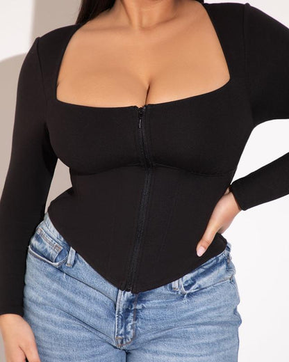 Corsety Square Neck Long Sleeve Top - Black Women Longsleeves