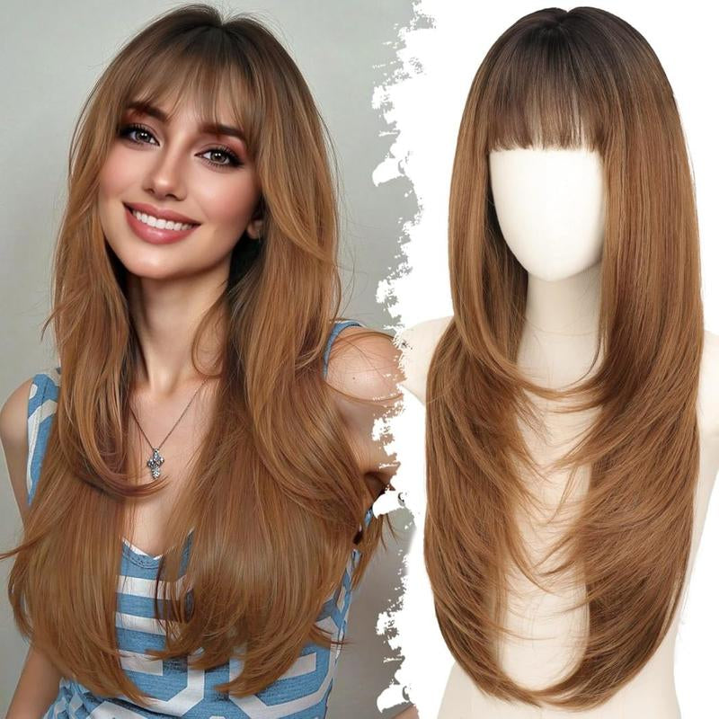 Long Wig with Bangs for Women, Layered Hairstyle Synthetic Heat Resistant for Daily Party Use 26 Inch