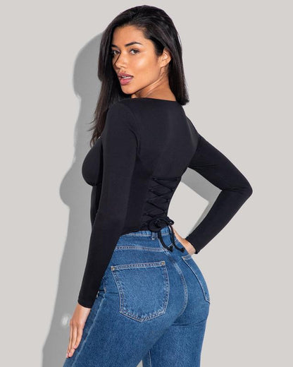 Corsety Square Neck Long Sleeve Top - Black Women Longsleeves