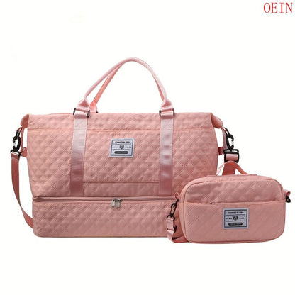 Oein 2Pcs Large Capacity Travel Duffel Bag Set, Lightweight Diamond Pattern Zipper Duffel Bag with Ladies Cosmetic Zipper Shoulder Bag