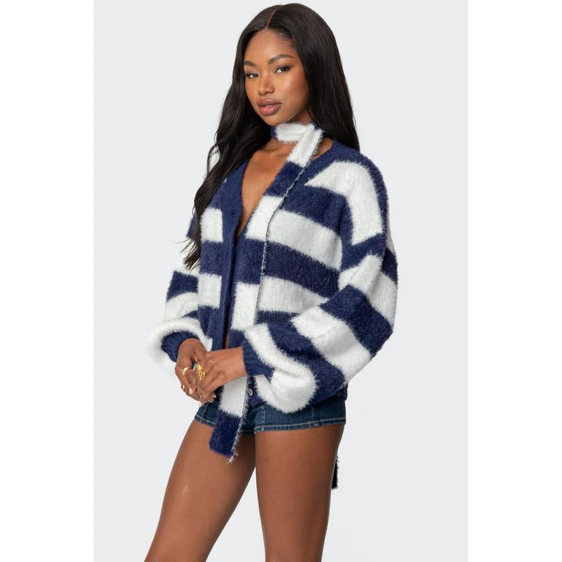 Striped Two Piece Knit Scarf Cardigan