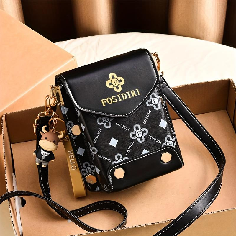 Stylish Crossbody Handbag, Simple Elegant Style, Letter Print, Single Shoulder Bag, Mobile Phone Bag with Adjustable Strap with Pendant