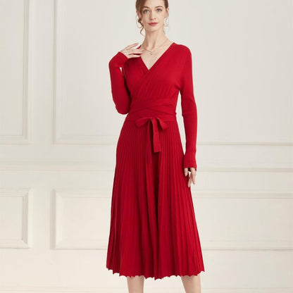 Ranrui Aline Sweater Dress Red Winter Long Sleeve Fit and Flare Knit Dress with V Neck Pleated Design High Waist Bow Tie Belt Casual Womenswear for Formal & Casual Occasions