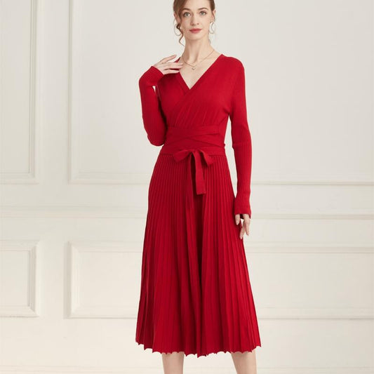 Ranrui Aline Sweater Dress Red Winter Long Sleeve Fit and Flare Knit Dress with V Neck Pleated Design High Waist Bow Tie Belt Casual Womenswear for Formal & Casual Occasions