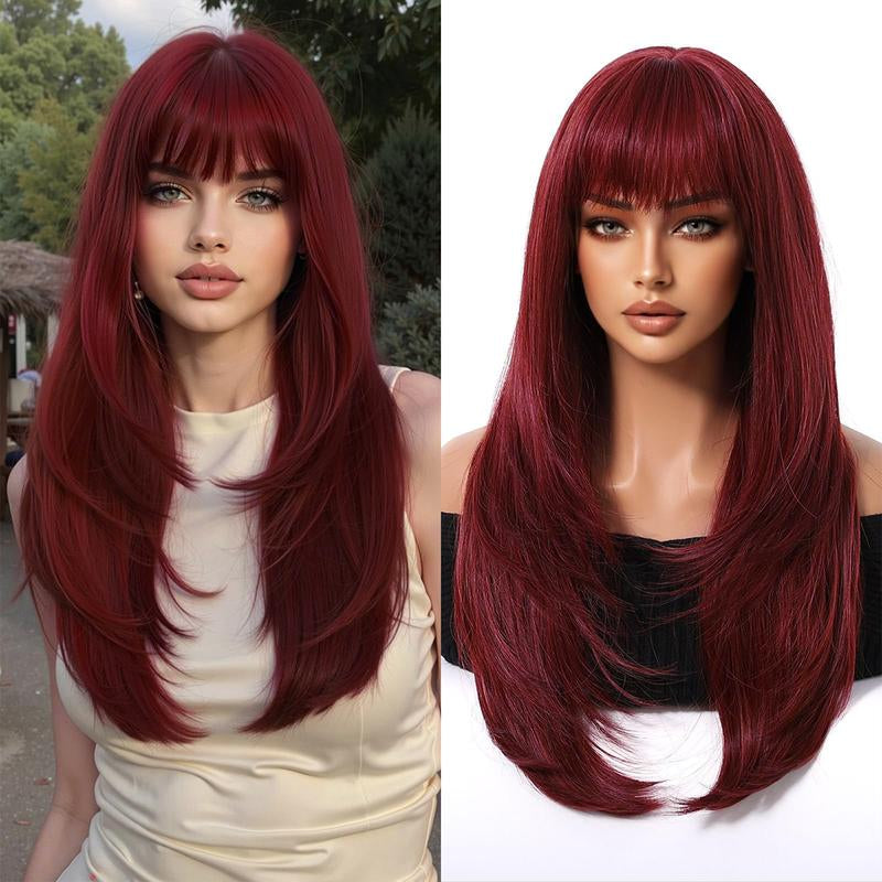 Long Wig with Bangs for Women, Layered Hairstyle Synthetic Heat Resistant for Daily Party Use 26 Inch