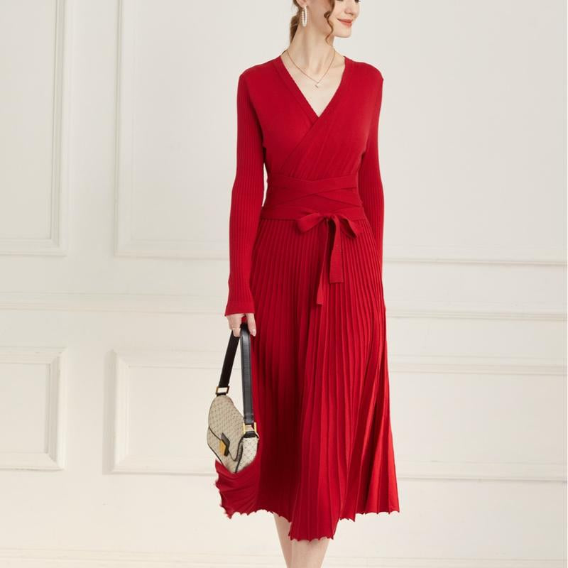 Ranrui Aline Sweater Dress Red Winter Long Sleeve Fit and Flare Knit Dress with V Neck Pleated Design High Waist Bow Tie Belt Casual Womenswear for Formal & Casual Occasions