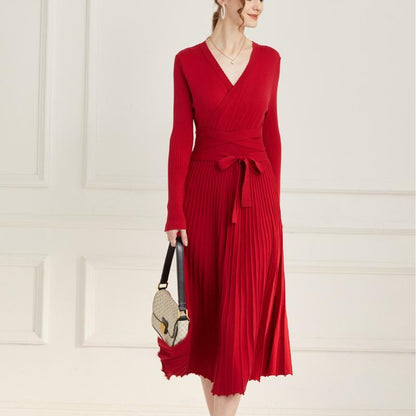 Ranrui Aline Sweater Dress Red Winter Long Sleeve Fit and Flare Knit Dress with V Neck Pleated Design High Waist Bow Tie Belt Casual Womenswear for Formal & Casual Occasions