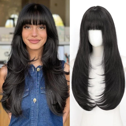 Long Wig with Bangs for Women, Layered Hairstyle Synthetic Heat Resistant for Daily Party Use 26 Inch